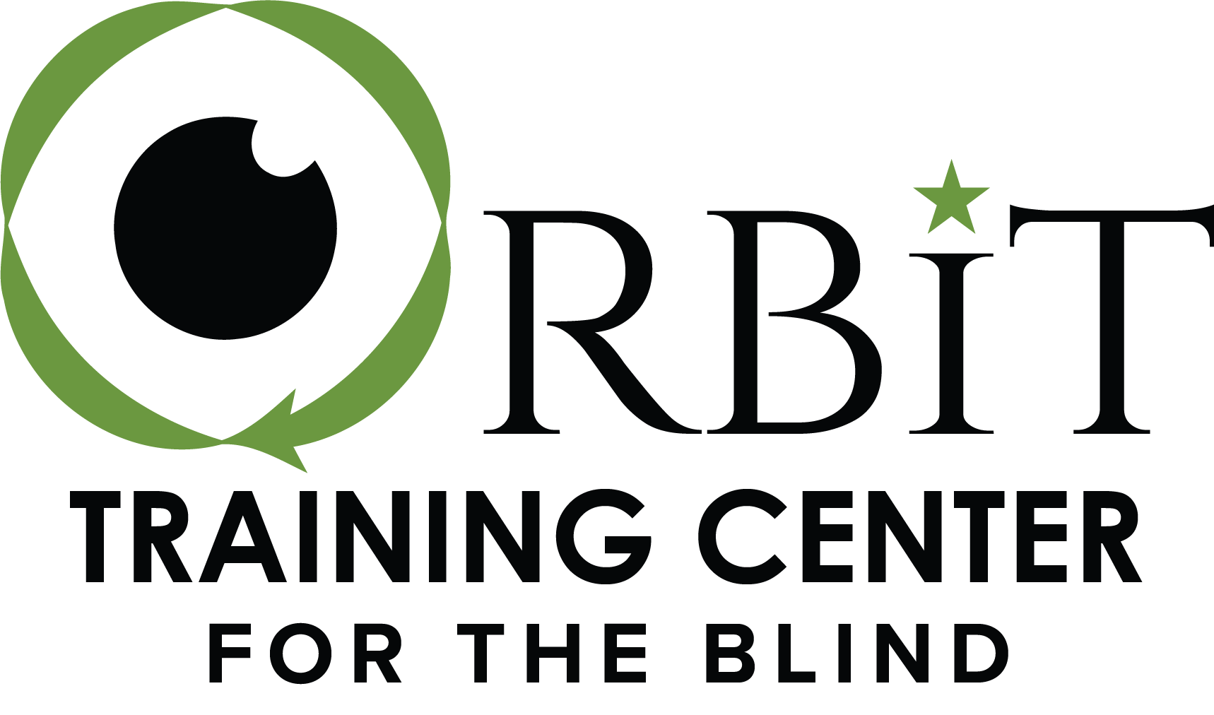 green ribbon with arrow circling around a pupil with text Orbit Training Center for the Blind